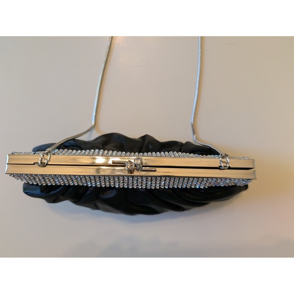 La Sera by Franchi Black Satin Rhinestone Clutch Evening Bag Kiss Lock Party - Picture 6 of 7